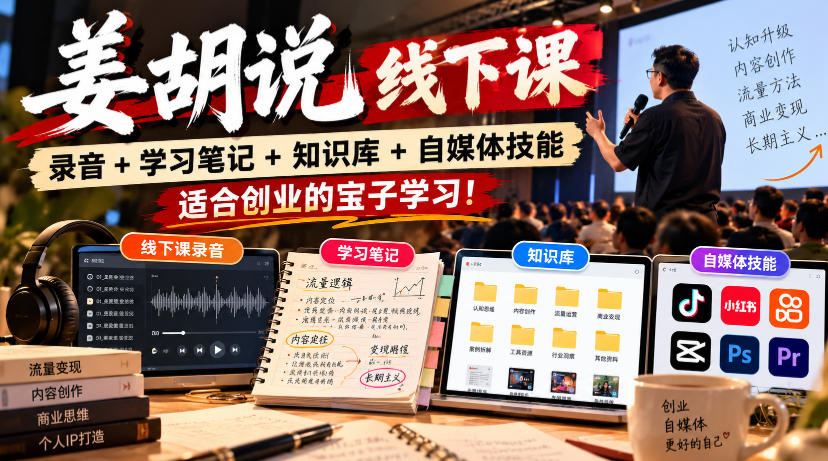 姜胡说线下课录音＋学习笔记＋知识库＋自媒体技能，​适合创业的宝子学习！