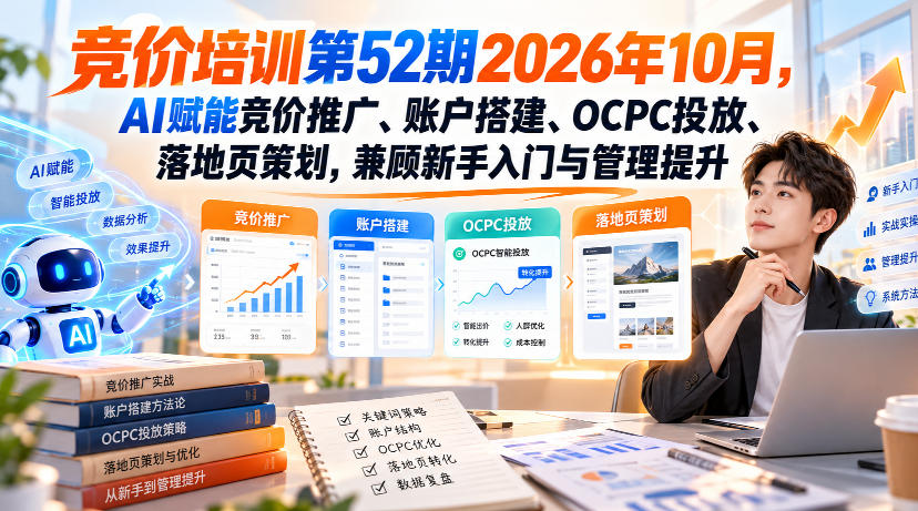 【无水印】竞价培训第52期2026年10月,AI赋能竞价推广、账户搭建、OCPC投放、落地页策划,兼顾新手入门与管理提升