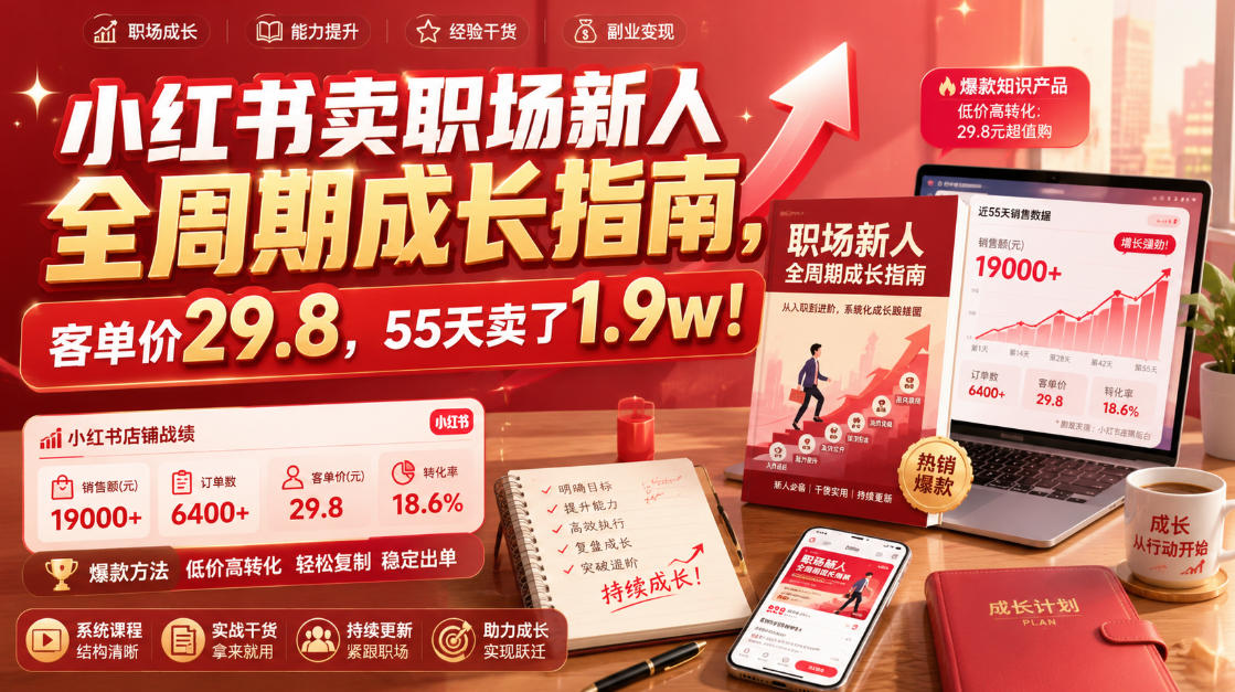 小红书卖职场新人全周期成长指南,客单价29.8,55天卖了1.9w!