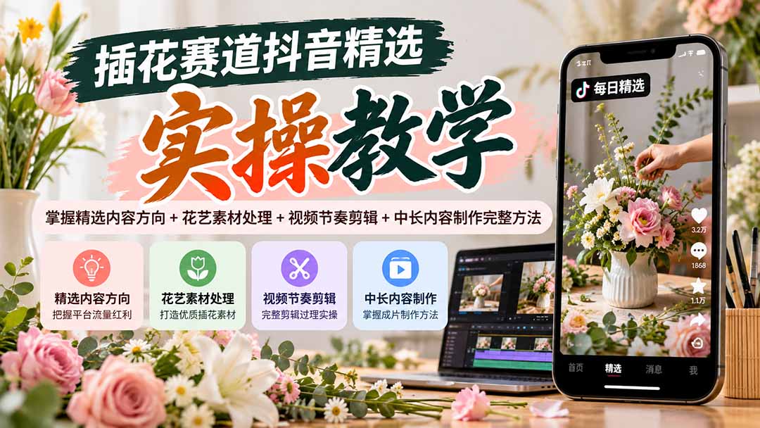（20775期）插花赛道抖音精选实操教学：掌握精选内容方向+花艺素材处理+视频节奏剪辑+中长内容制作完整方法