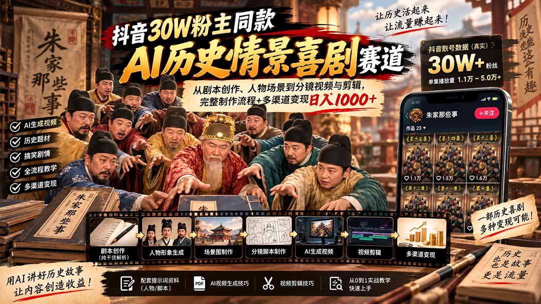（20614期）抖音30W粉博主同款AI历史情景喜剧赛道：从剧本创作、人物场景到分镜视频与剪辑，完整制作流程+多渠道变现日入1000+