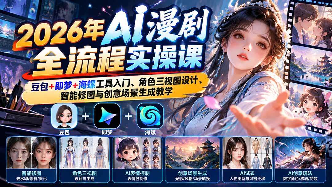 （21077期）【无水印】2026年AI漫剧全流程实操课：豆包+即梦+海螺工具入门、角色三视图设计、智能修图与创意场景生成教学