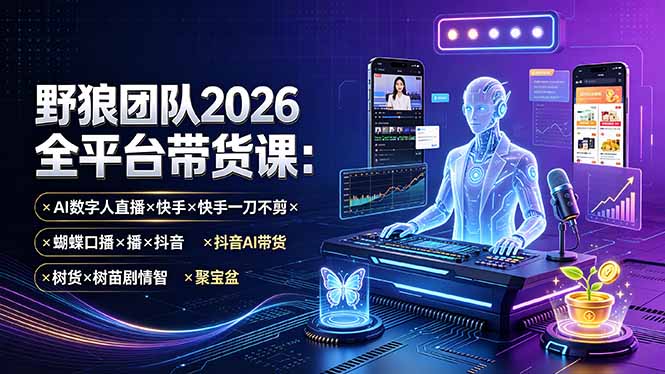 （19511期）野狼团队2026全平台带货课-7月：AI数字人直播&times;快手一刀不剪&times;蝴蝶口播&times;抖音AI带货&times;树苗剧情智剪&times;聚宝盆