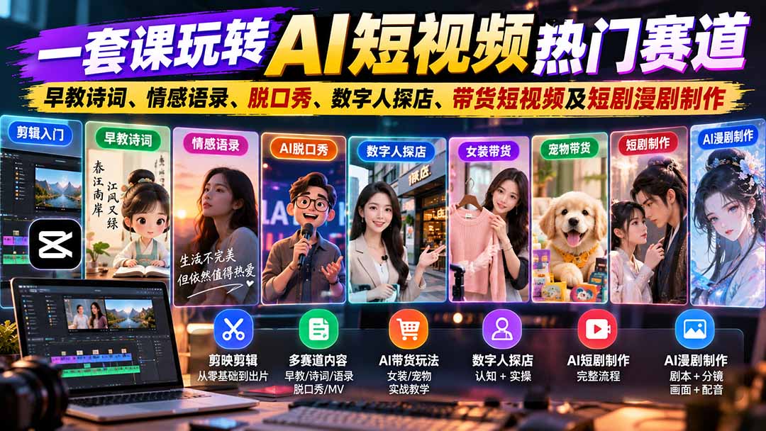 （20965期）一套课玩转AI短视频热门赛道：早教诗词、情感语录、脱口秀、数字人探店、带货短视频及短剧漫剧制作  复制标题