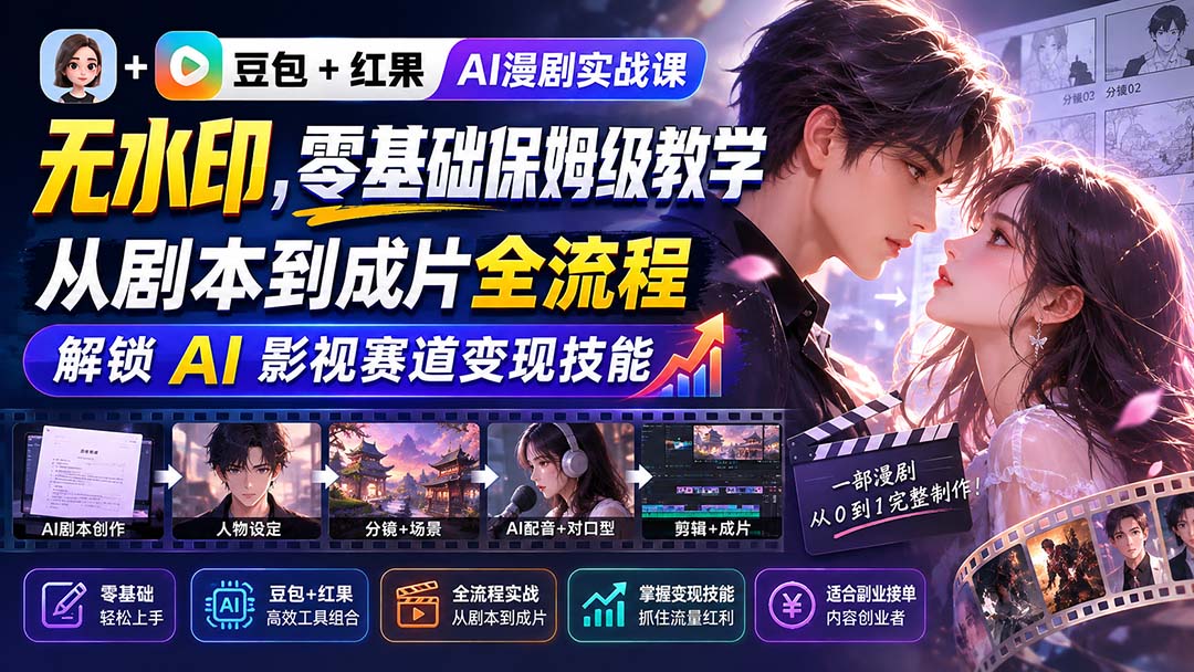 （20180期）豆包+红果AI漫剧实战课-无水印，零基础保姆级教学，从剧本到成片全流程，解锁 AI 影视赛道变现技能