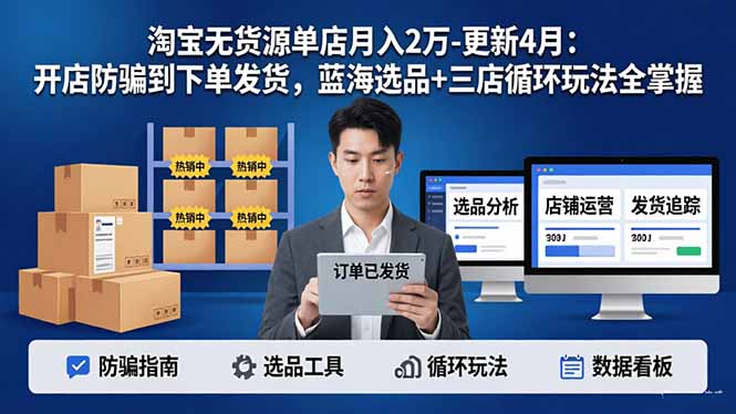 （17988期）淘宝无货源5.0单店月入2万-更新4月：开店防骗到下单发货，蓝海选品+三店循环玩法全掌握