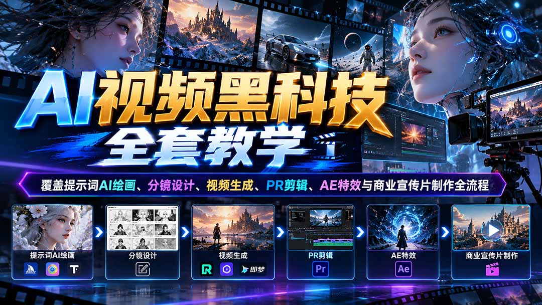 （21095期）AI视频黑科技全套教学：覆盖提示词AI绘画、分镜设计、视频生成、PR剪辑、AE特效与商业宣传片制作全流程