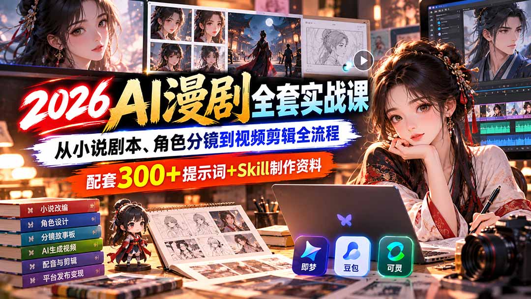 （20629期）【无水印】2026AI漫剧全套实战课：从小说剧本、角色分镜到视频剪辑全流程，配套300+提示词+Skill制作资料