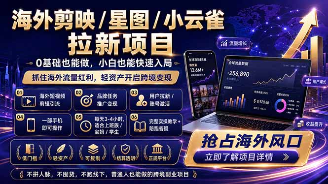 （18567期）海外剪映 / 星图 / 小云雀拉新项目 普通人也能上手的跨境流量变现副业