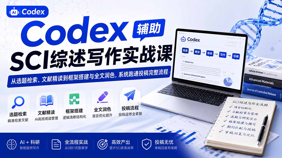 （19951期）Codex辅助SCI综述写作实战课&mdash;&mdash;从选题检索、文献精读到框架搭建与全文润色，系统跑通投稿完整流程