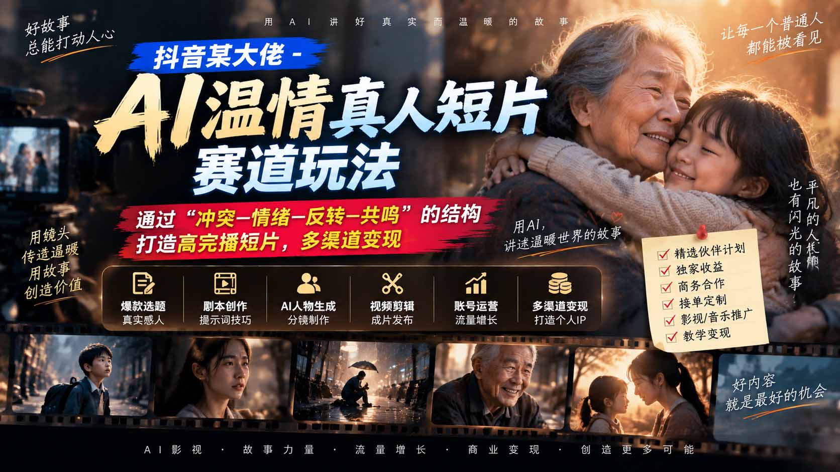 （20539期）抖音某大佬-AI温情真人短片赛道玩法：通过&ldquo;冲突&mdash;情绪&mdash;反转&mdash;共鸣&rdquo;的结构打造高完播短片，多渠道变现