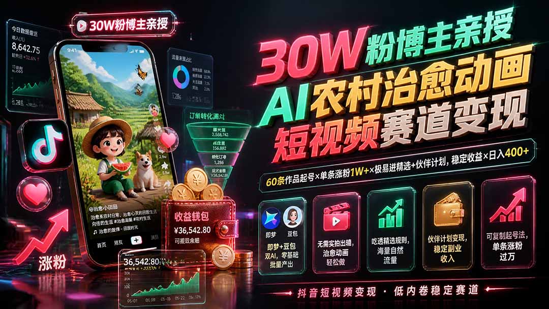 （19648期）30W粉博主亲授AI农村治愈动画短视频赛道变现：60条作品起号&times;单条涨粉1W+&times;极易进精选+伙伴计划，稳定收益&times;日入400+