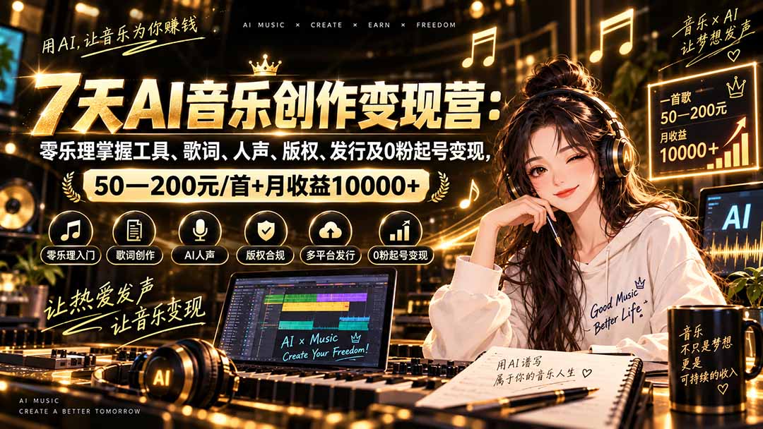 （20442期）AI音乐创作变现营：零乐理掌握工具、歌词、人声、版权、发行及0粉起号变现，50&mdash;200元/首+月收益10000+