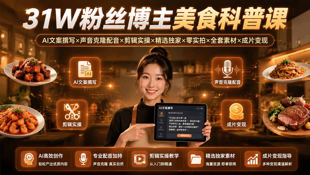 （19558期）31W粉丝博主美食科普课：AI文案撰写&times;声音克隆配音&times;剪辑实操&times;精选独家&times;零实拍&times;全套素材&times;成片变现