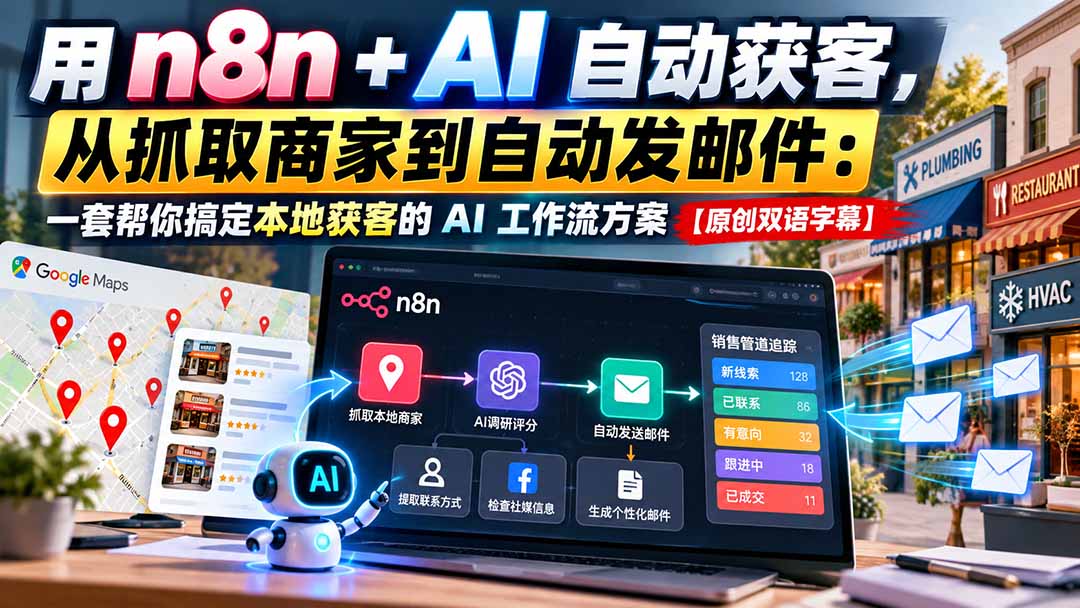 （21076期）【无水印】用n8n + AI自动获客，从抓取商家到自动发邮件：一套帮你搞定本地获客的AI工作流方案【原创双语字幕】
