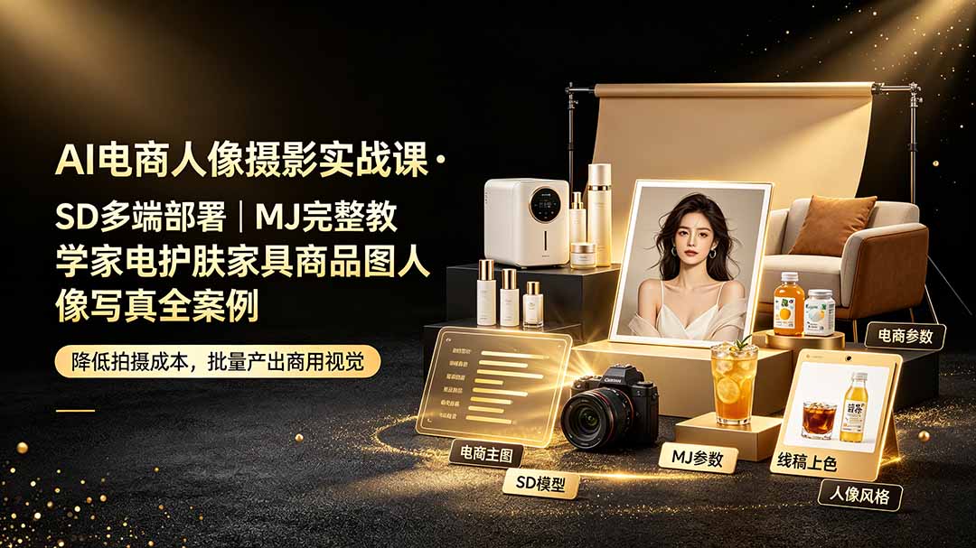 （19262期）AI电商人像摄影实战课&middot;SD多端部署｜MJ完整教学｜家电护肤家具商品图人像写真全案例