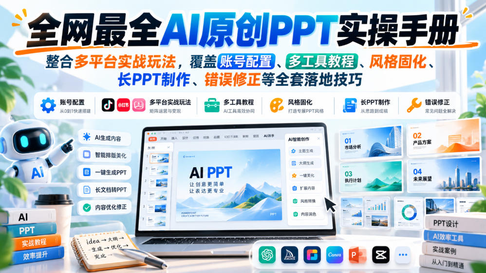 【无水印】全网最全AI原创PPT实操手册，整合多平台实战玩法，覆盖账号配置、多工具教程、风格固化、长PPT制作、错误修正等全套落地技巧
