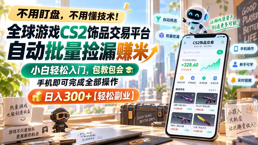 （20455期）全球游戏CS2饰品交易平台自动批量捡漏赚米，小白轻松入门，包教包会，手机即可完成全部操作，日入300+【轻松副业】