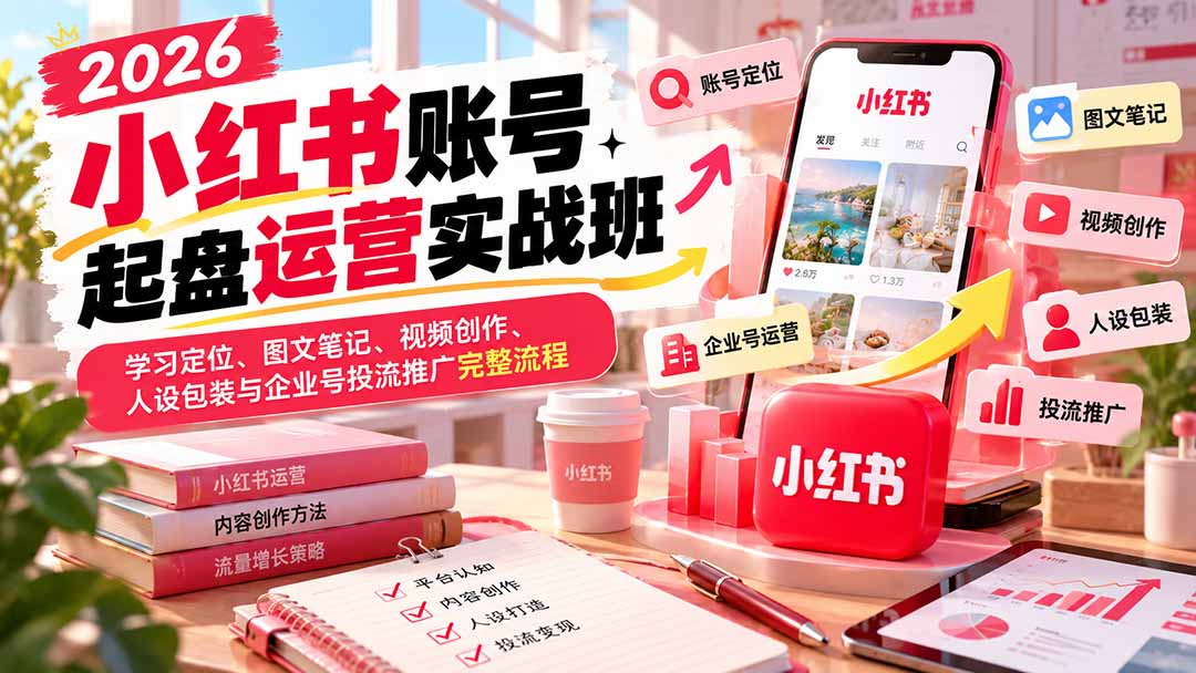 （20647期）2026小红书账号起盘运营实战班：学习定位、图文笔记、视频创作、人设包装与企业号投流推广完整流程