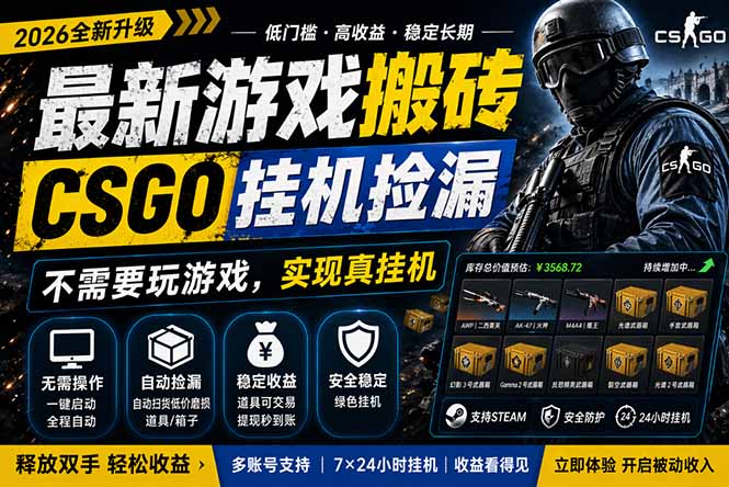 （18182期）最新游戏搬砖，CSGO纯挂机，不需要玩游戏，实现真挂机，月入1W+，五一小高峰上车可吃肉，...