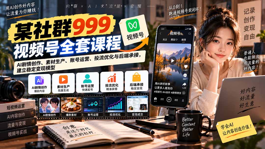 （20612期）【无水印】某社群999视频号全套课程：AI剧情创作、素材生产、账号运营、投流优化与后端承接，建立稳定变现模型