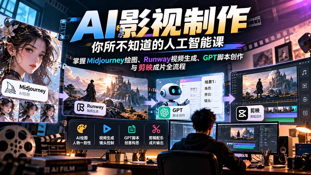（20681期）【无水印】AI影视制作-你所不知道的人工智能课，掌握Midjourney绘图、Runway视频生成、GPT脚本创作与剪映成片全流程