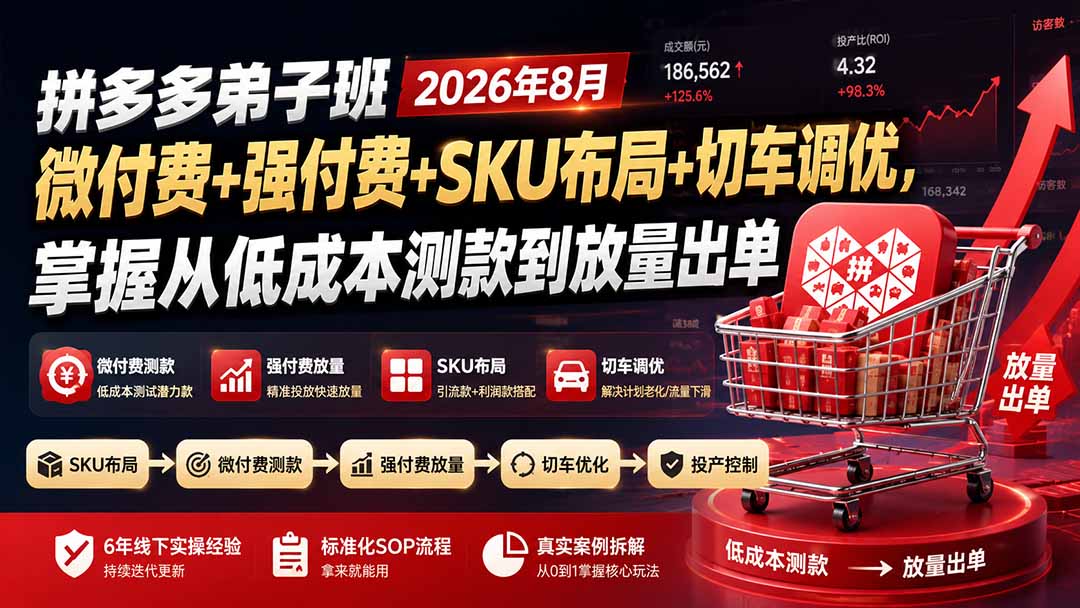 （19946期）拼多多弟子班2026年8月：微付费+强付费+SKU布局+切车调优，掌握从低成本测款到放量出单