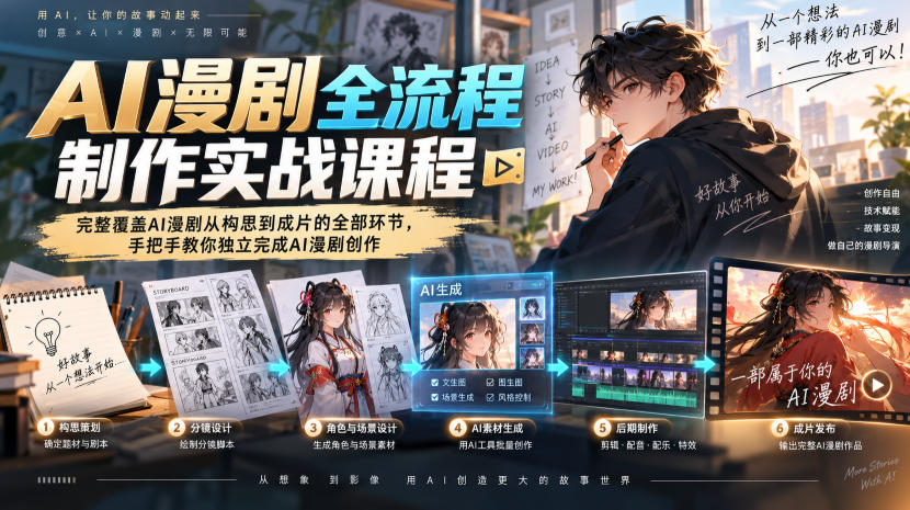 AI漫剧全流程制作实战课程，完整覆盖AI漫剧从构思到成片的全部环节，手把手教你独立完成AI漫剧创作