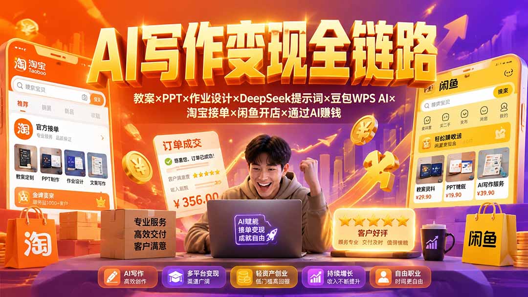 （19561期）2026AI写作变现全链路：教案&times;PPT&times;作业设计&times;DeepSeek提示词&times;豆包WPS AI&times;淘宝接单&times;闲鱼开店&times;通过AI賺钱