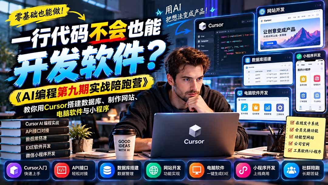 （21146期）一行代码不会也能开发软件？《AI编程第九期实战陪跑营》教你用Cursor搭建数据库、制作网站、电脑软件与小程序