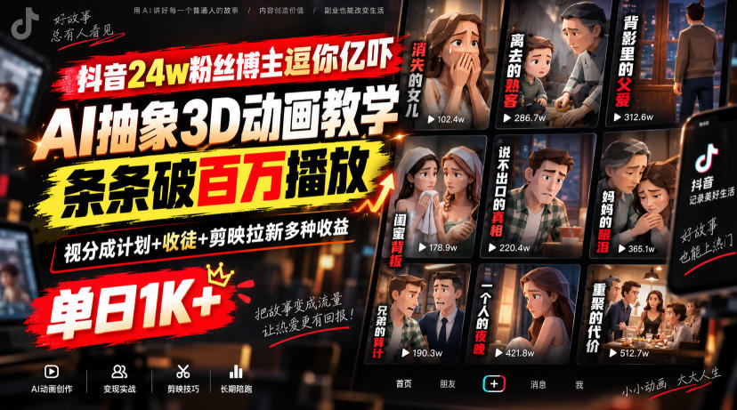 抖音24w粉丝博主逗你亿吓AI抽象3D动画教学，条条破百万播放，分成计划+收徒+剪映拉新多种收益，单日1K+