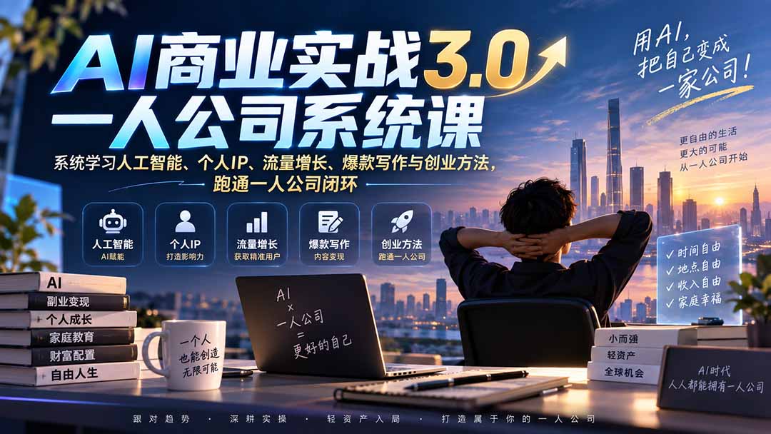 （20249期）AI商业实战3.0一人公司系统课：系统学习人工智能、个人IP、流量增长、爆款写作与创业方法，跑通一人公司闭环