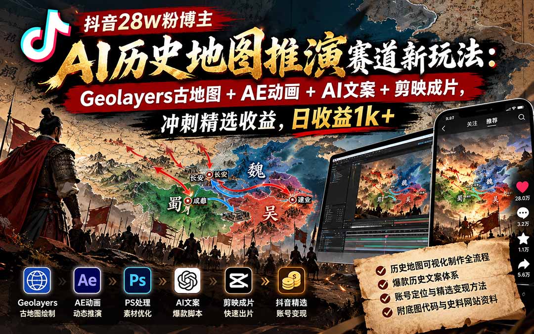（20809期）抖音28W粉博主AI历史地图推演赛道新玩法：Geolayers古地图+AE动画+AI文案+剪映成片，冲刺精选收益，日收益1k+