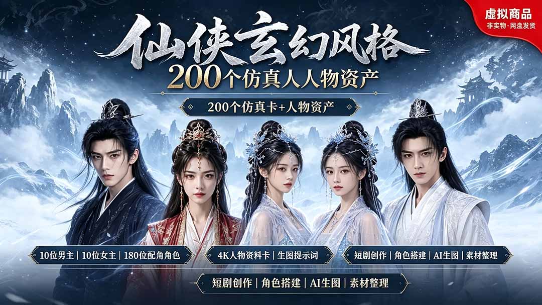 （19301期）200个仙侠玄幻仿真人素材◆10男主&times;10女主&times;180配角，4K资料卡+AI生图提示词，漫剧必备