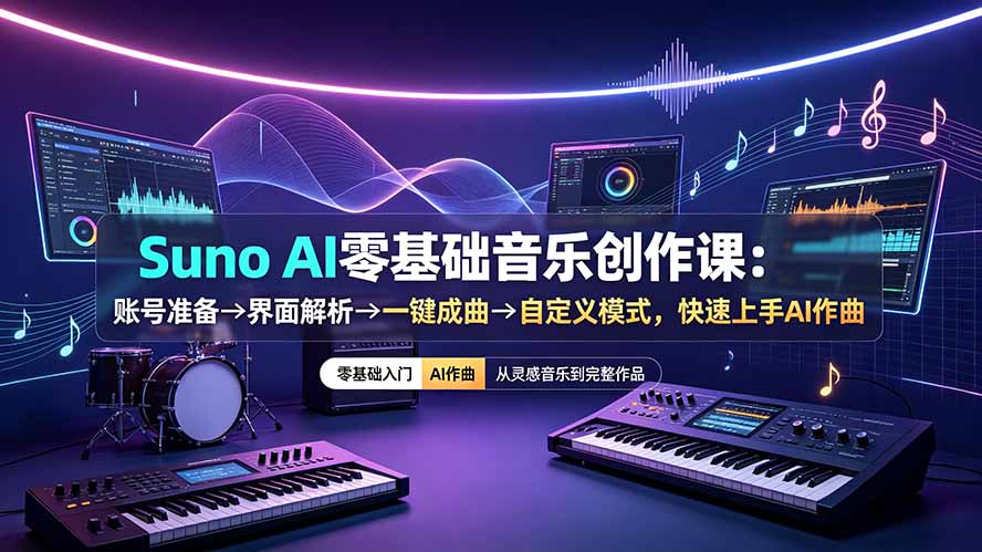 （19264期）Suno AI零基础音乐创作课：账号准备&rarr;界面解析&rarr;一键成曲&rarr;自定义模式，快速上手AI作曲