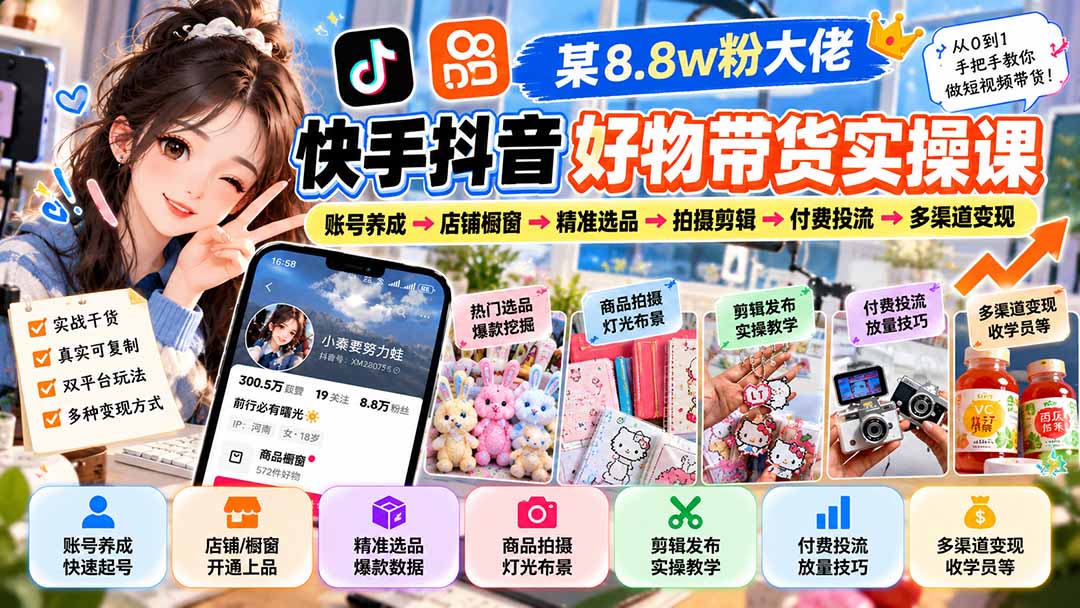 （20733期）某8.8w粉大佬快手抖音好物带货实操课：账号养成&rarr;店铺橱窗&rarr;精准选品&rarr;拍摄剪辑&rarr;付费投流&rarr;多渠道变现