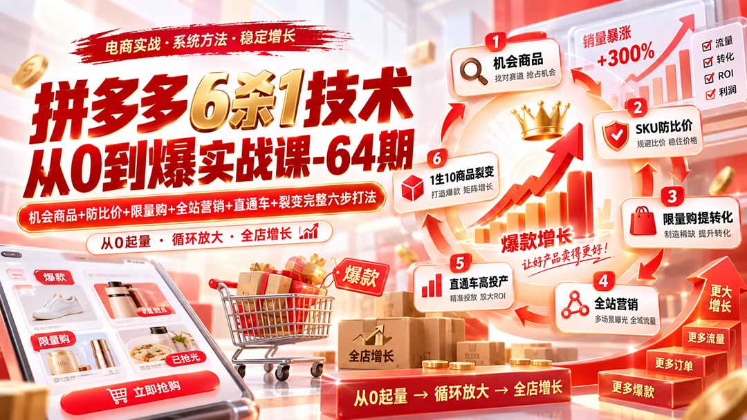 （20316期）拼多多6杀1技术从0到爆实战课-64期：机会商品+防比价+限量购+全站营销+直通车+裂变完整六步打法