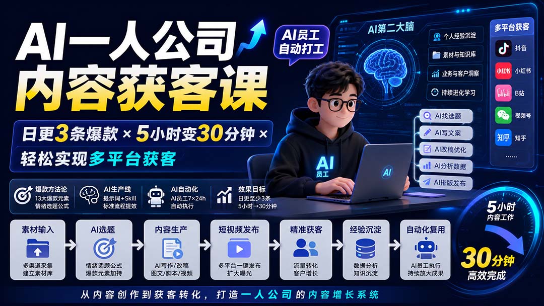 （20111期）AI一人公司内容获客课-更新8月：日更3条爆款&times;5小时变30分钟&times;AI员工自动打工，轻松实现多平台获客