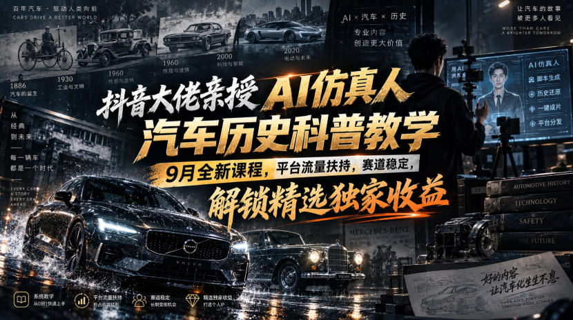 抖音大佬亲授AI仿真人汽车历史科普教学,9月全新课程,平台流量扶持,赛道稳定,解锁精选独家收益