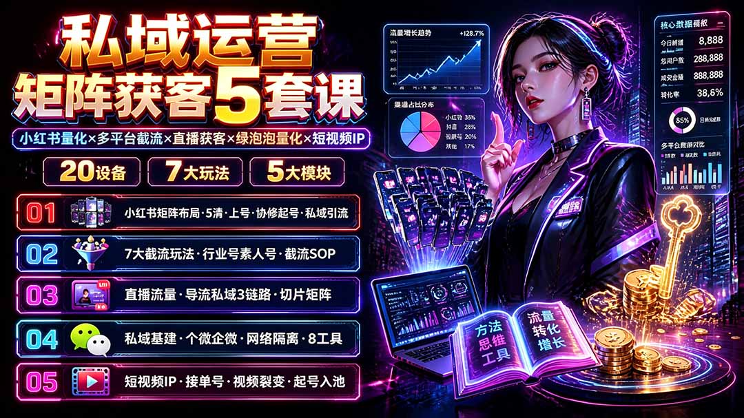 （19617期）私域运营矩阵获客5套课：小红书量化&times;多平台截流&times;直播获客&times;绿泡泡量化&times;短视频IP&times;20设备&times;7大玩法