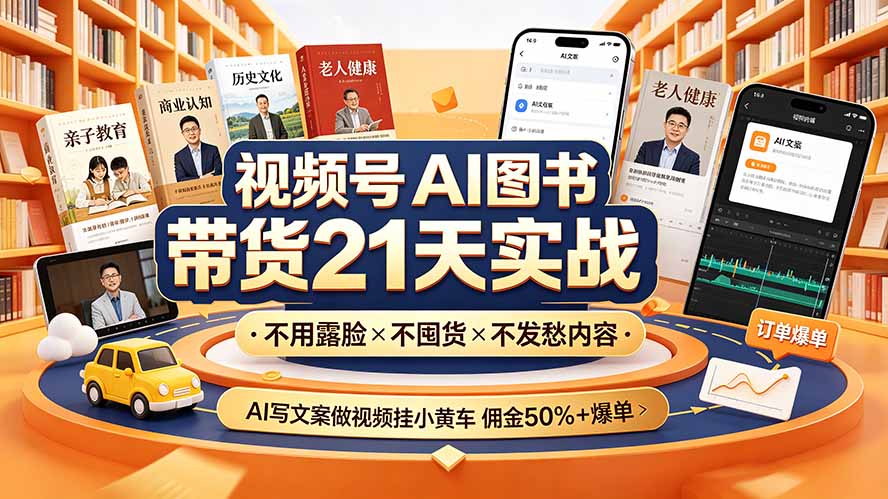 （19476期）视频号AI图书带货21天实战：不用露脸&times;不囤货&times;不发愁内容，AI写文案做视频挂小黄车，佣金50%+爆单