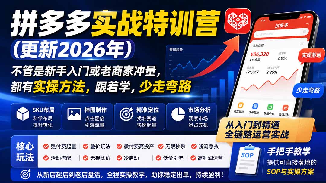 （19944期）拼多多实战特训营(更新2026年)：不管是新手入门或老商家冲量，都有实操方法，跟着学，少走弯路