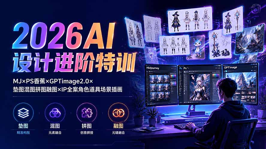 （19569期）2026AI设计进阶特训：MJ&times;PS香蕉&times;GPTimage2.0&times;垫图混图拼图融图&times;IP全案角色道具场景插画