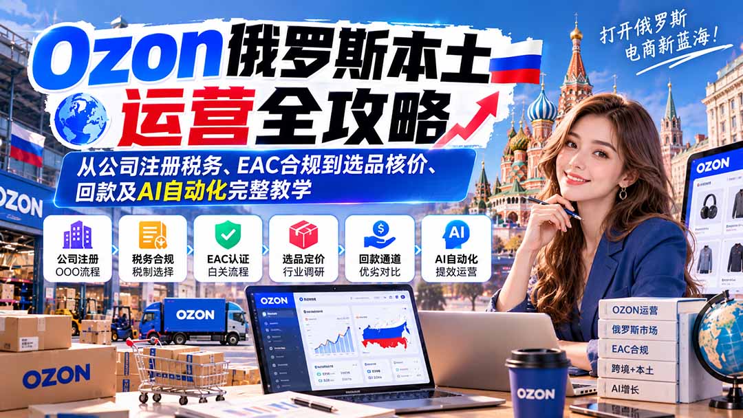 （20851期）Ozon俄罗斯本土运营全攻略：从公司注册税务、EAC合规到选品核价、回款及AI自动化完整教学