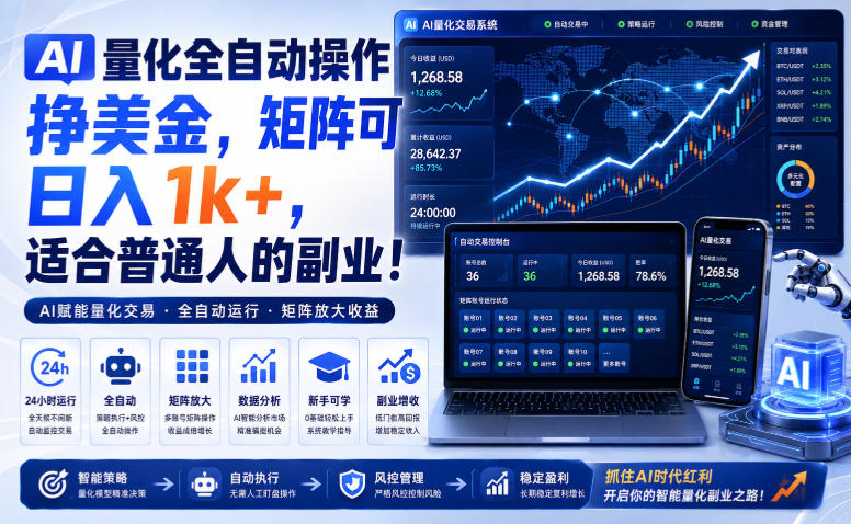 AI量化全自动操作挣美金，矩阵可日入1k+，适合普通人的副业！【揭秘】