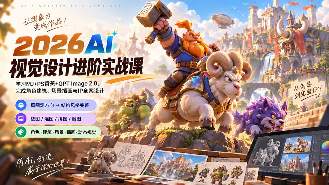 （20425期）2026AI视觉设计进阶实战课-更新：学习MJ+PS香蕉+GPT Image 2.0，完成角色建筑、场景插画与IP全案设计