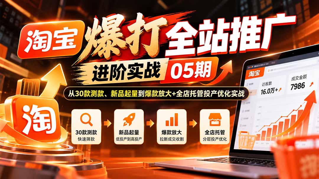 （20817期）淘宝爆打全站推广进阶实战05期：从30款测款、新品起量到爆款放大+全店托管投产优化实战