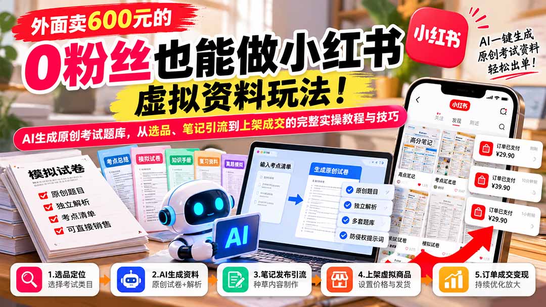 （21182期）外面卖600元的 零粉丝也能做小红书虚拟资料玩法！AI生成原创考试题库，从选品、笔记引流到上架成交的完整实操教程